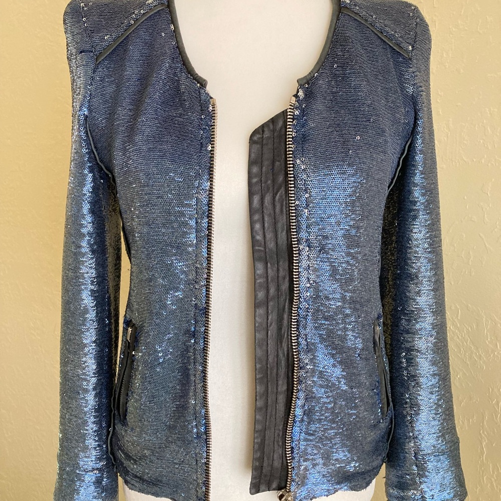 Iro Sequin Dylan Moto Jacket Size Xs Blue Sparkle… - image 6